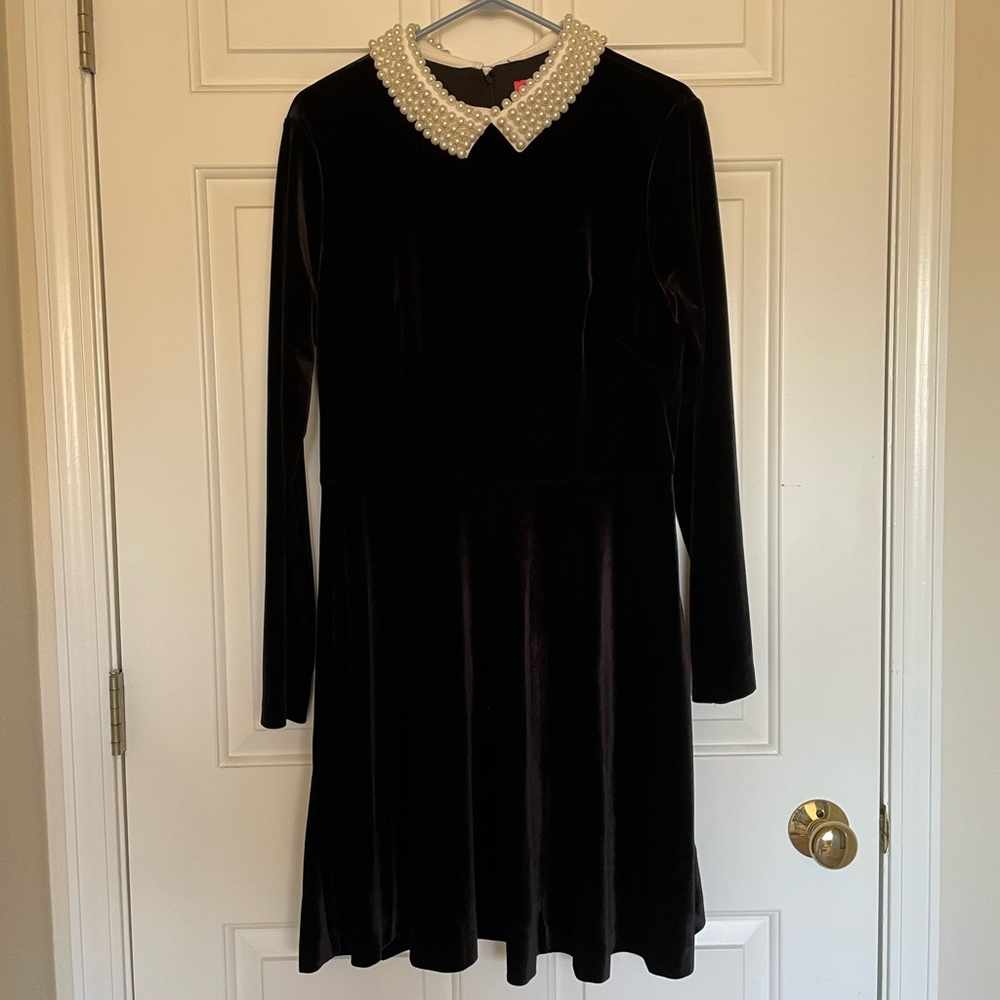 Betsey Johnson black velvet dress with pearl collar